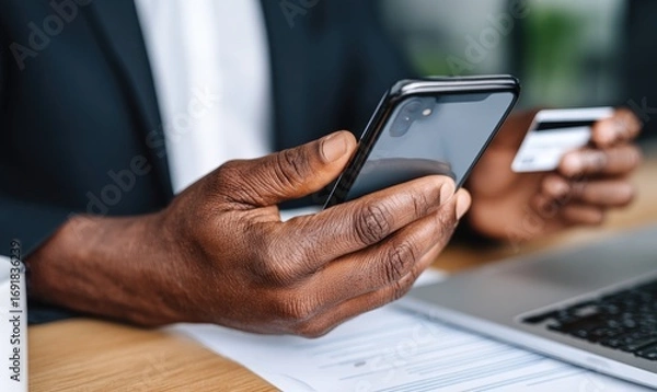 Obraz Close-up of dark-skinned hands holding a phone and credit card, likely making a mobile payment