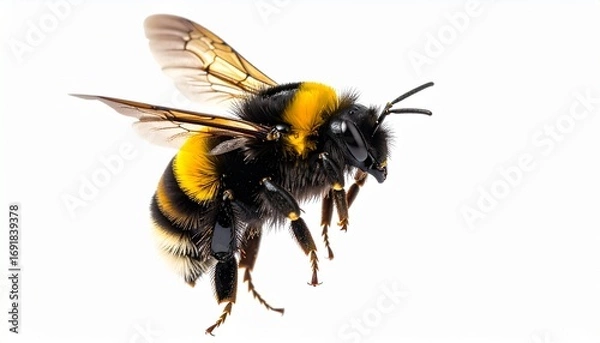 Fototapeta Flying bumblebee with fuzzy striped body