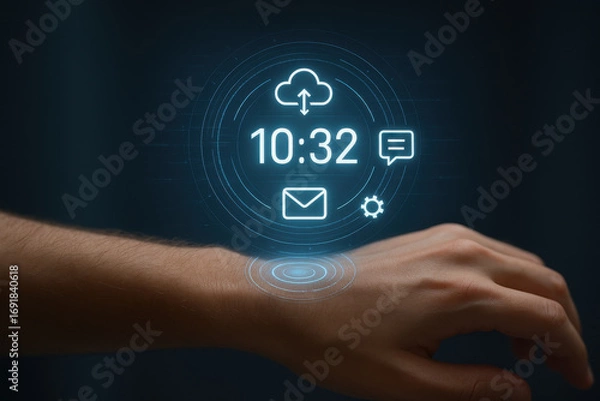 Fototapeta Smartwatch interface with digital icons showing time and notifications on wrist