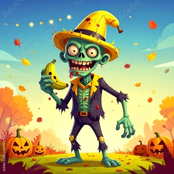 Fototapeta Undead scarecrow enjoys a banana treat