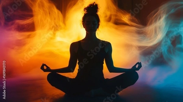 Obraz A serene figure meditates in a colorful haze. The silhouette represents peace and mindfulness. Vibrant colors evoke tranquility and harmony. Generative AI