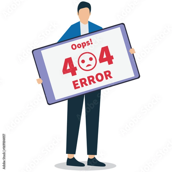 Obraz A person holds a tablet displaying a 404 error message with a sad face isolated on white background, indicating a page not found problem