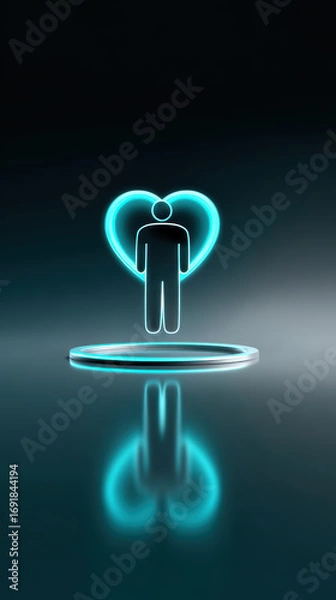 Fototapeta Glowing human outline with heart shape in center, symbolizing love and connection, stands on reflective surface