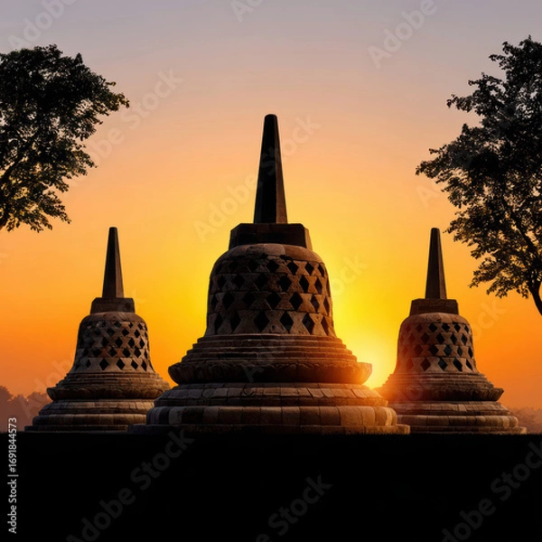Fototapeta Buddhist temple silhouette at sunrise, showcasing iconic structures against vibrant sky, evoking tranquility and peace