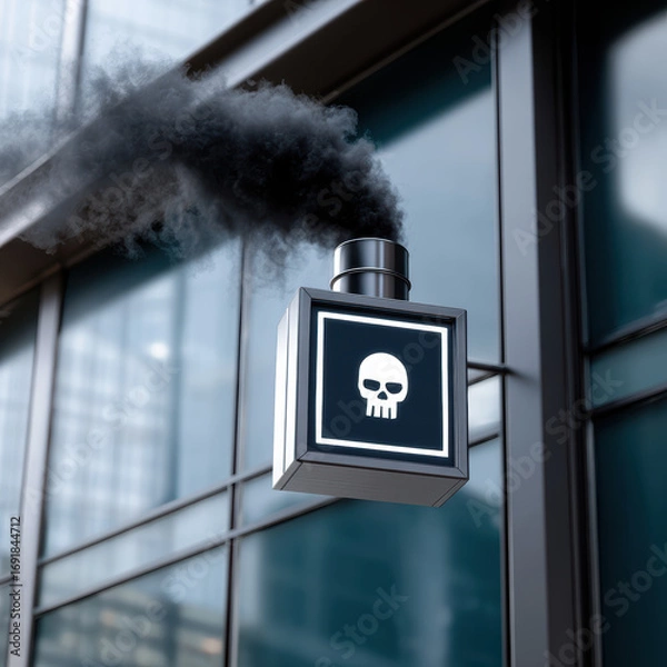 Fototapeta Industrial exhaust pipe emitting black smoke with skull symbol, showcasing pollution and environmental concerns in urban setting