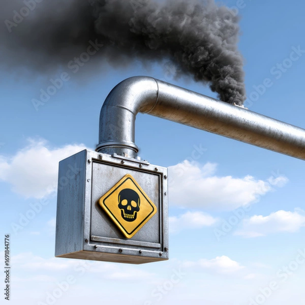 Fototapeta Industrial exhaust pipe emits black smoke, indicating potential danger with warning sign. Environmental concerns arise from pollution