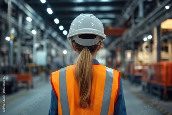 Fototapeta Female factory worker walking in a factory