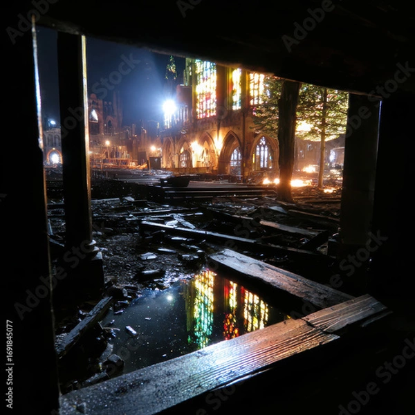 Fototapeta Haunting view of bombed out church interior, showcasing shattered stained glass and reflections in puddles, evoking sense of loss and beauty