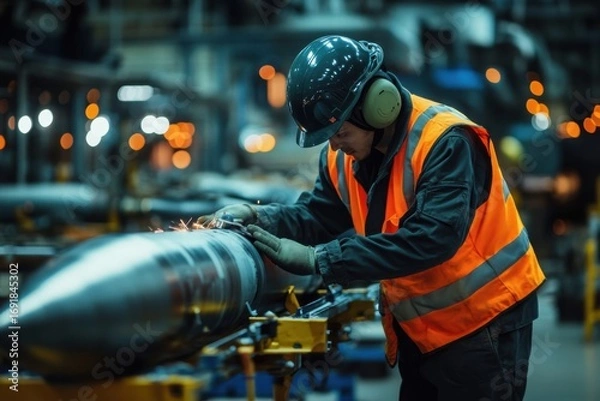Fototapeta Factory worker making a bomb missile