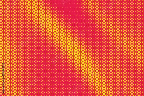 Obraz Triangle halftone geometric red background. Abstract background with yellow triangle dots. Halftone triangular retro 80s pattern. Minimal style retro dynamic wallpaper.