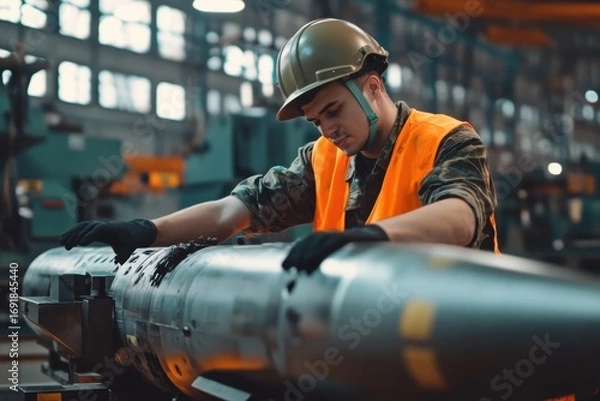 Fototapeta Factory worker making a bomb missile
