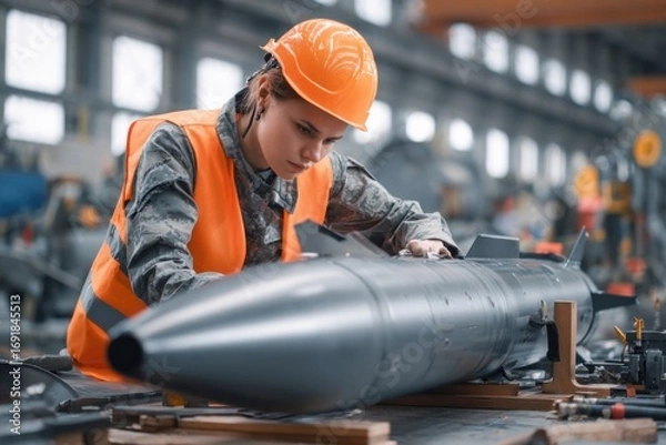 Fototapeta Factory worker making a bomb missile