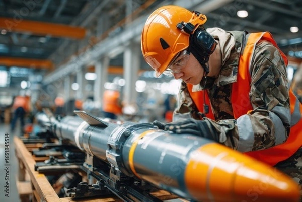 Fototapeta Factory worker making a bomb missile