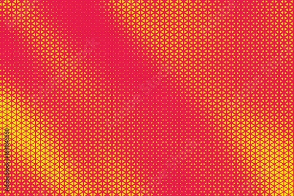 Obraz Triangle halftone geometric red background. Abstract background with yellow triangle dots. Halftone triangular retro 80s pattern. Minimal style retro dynamic wallpaper.
