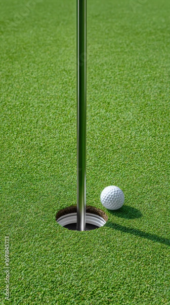 Fototapeta Close up view of golf ball near flagpole entering golf cup on well maintained green surface, showcasing precision and focus