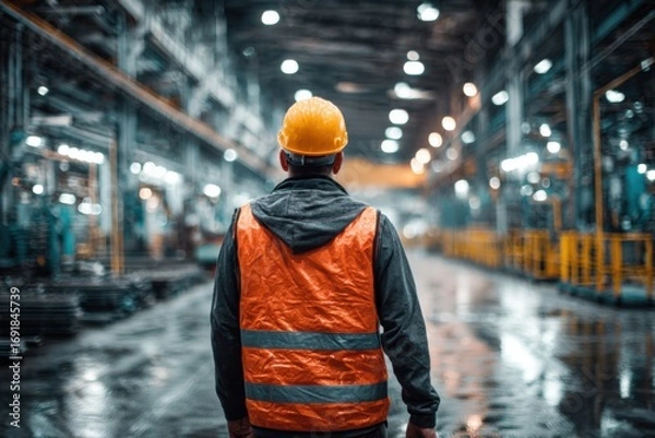 Fototapeta Factory worker walking in a factory