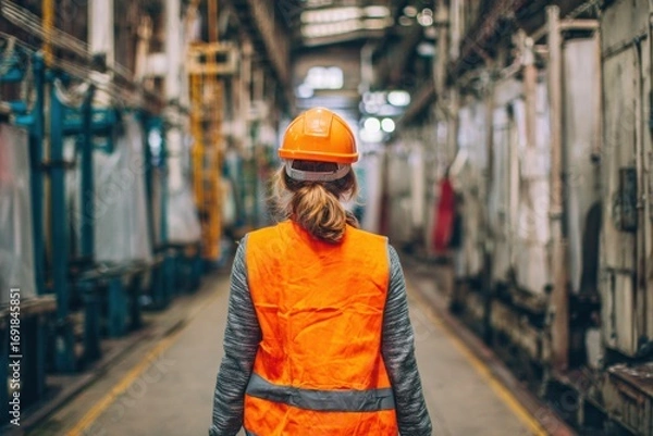 Fototapeta Female factory worker walking in a factory