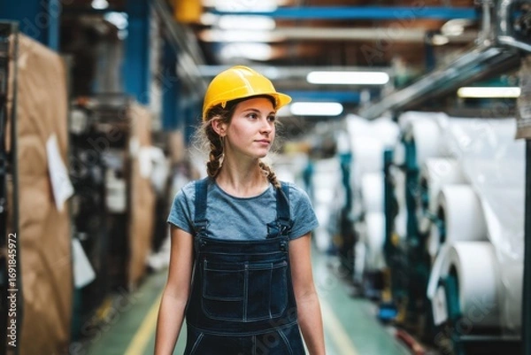 Fototapeta Female factory worker walking in a factory
