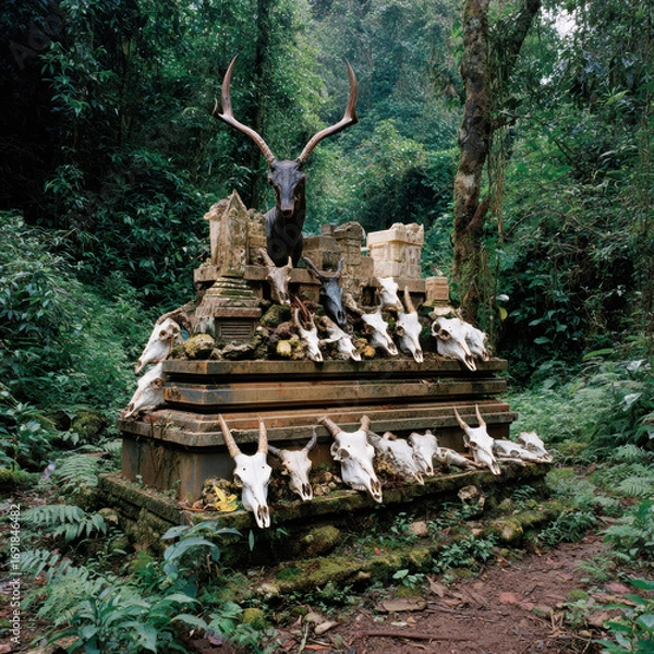 Fototapeta Mysterious jungle altar adorned with animal skulls and moss, surrounded by lush greenery, evokes sense of ancient rituals and nature beauty