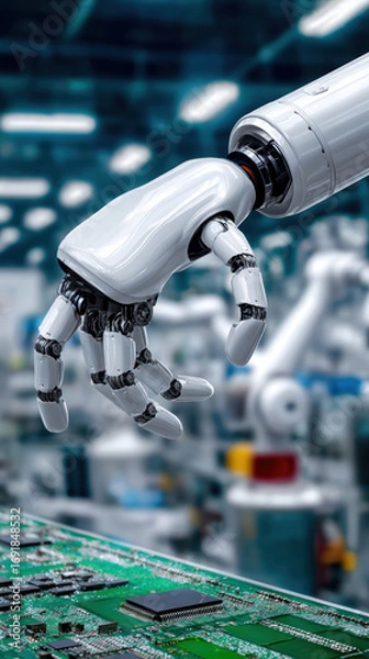 Fototapeta Robotic hand delicately interacts with circuit board in high tech environment, showcasing advanced technology and precision