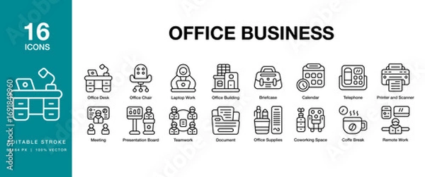 Fototapeta Office Business icon set. Includes corporate, office, business, work, meeting, and More. Editable Stroke Icon Collection.