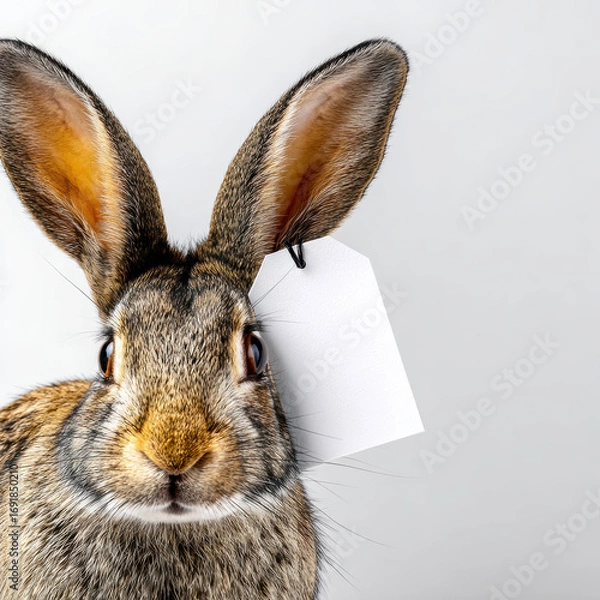 Fototapeta Close up view of rabbit with large ears and blank tag attached to its ear, set against white backdrop, evokes curiosity and charm