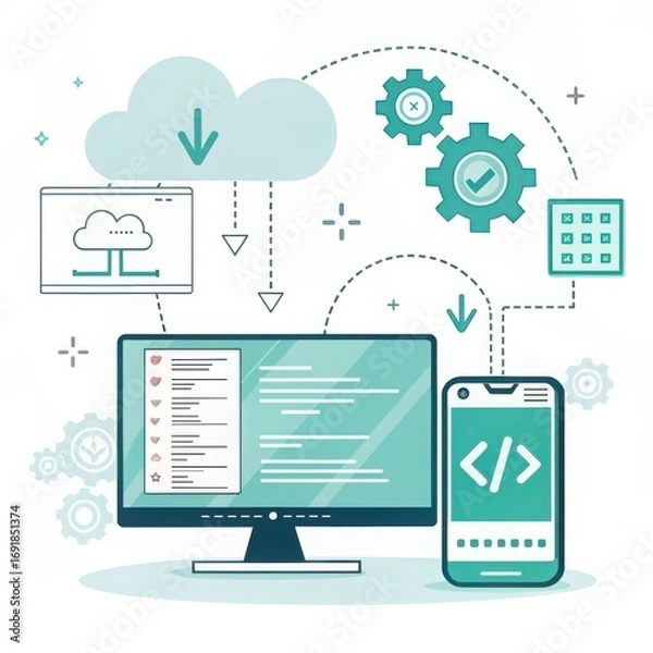 Fototapeta Cloud computing and software development workflow illustration