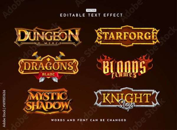 Fototapeta Editable Text Effect Template Collection — Medieval Gothic Fantasy Gold RPG and MMORPG Game Logo Designs with Fire, Blade, and Crest Frame Emblems for Epic Branding