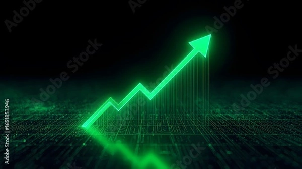 Fototapeta High-impact visuals with glowing green arrows rising through futuristic or abstract scenes, symbolizing strong stock growth and momentum. No text, no people. AI-Generated!