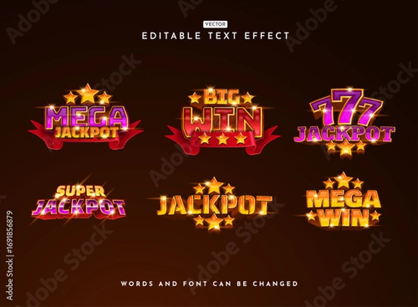Fototapeta Set of Glossy Editable Text Effects — Mega Win, Big Win, and Jackpot Frame Banner Templates for Casino, Slot, and Game Design