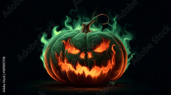 Obraz Spooky glowing pumpkin with menacing face surrounded by eerie green flames at night