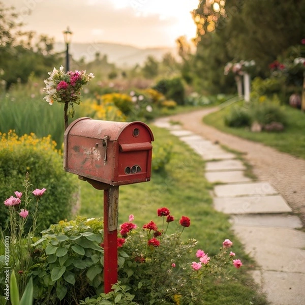Fototapeta A mailbox with garden blooms in the background