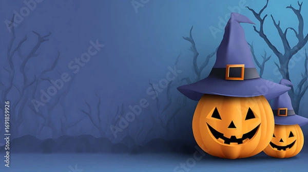 Obraz Two smiling Halloween pumpkins with purple witch hats against a spooky blue background
