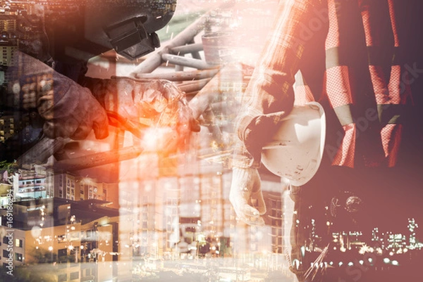 Obraz Double exposure welding and logistics system with developed cities