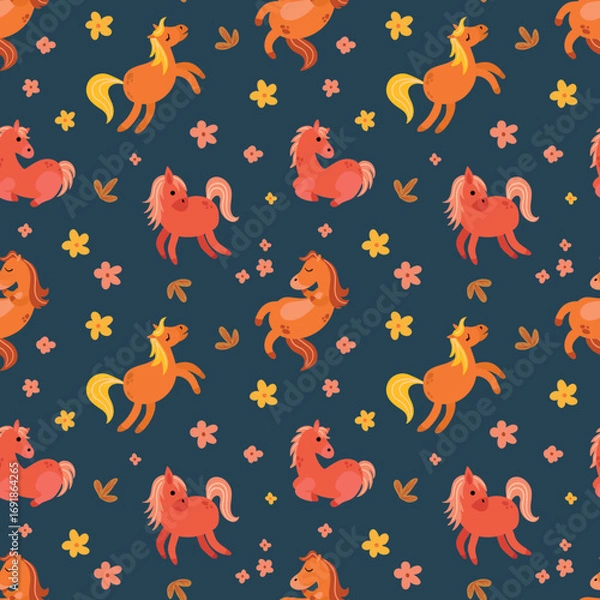 Fototapeta Seamless Pattern with Horses and Flowers. Design for fabric, textile, wallpaper, packaging	