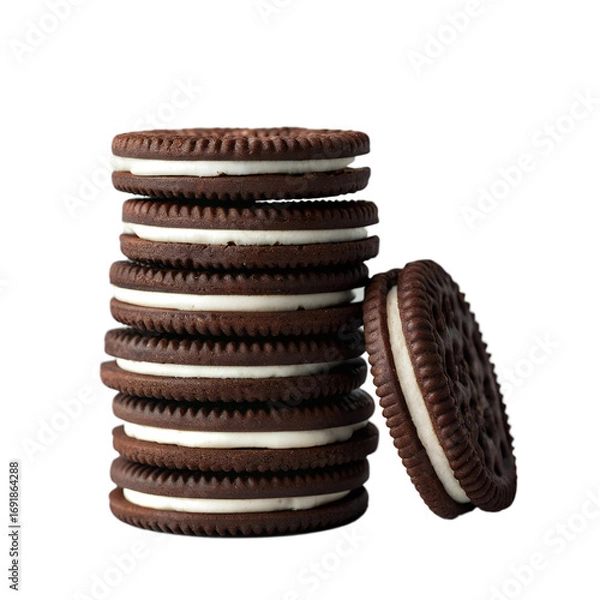 Fototapeta A tall stack of chocolate sandwich cookies with creamy white filling isolated on transparent background