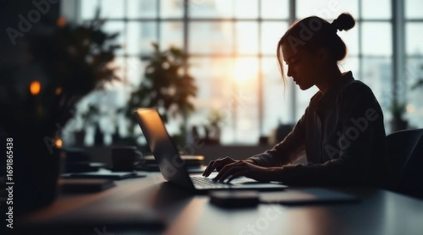 Fototapeta laptop user library concept. A woman working on a laptop in a serene office at sunset.