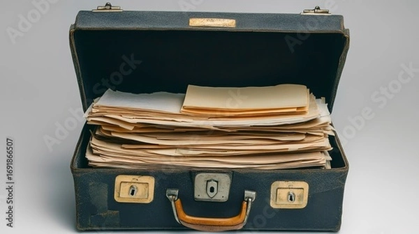 Fototapeta Briefcase overflowing with assorted documents in a professional setting during daylight hours