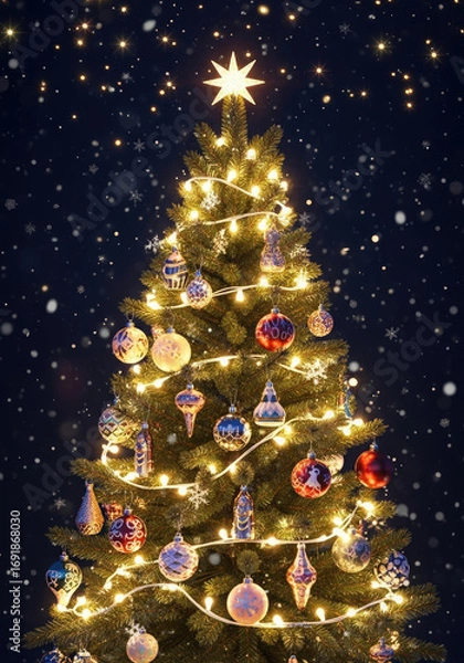 Fototapeta A Magical Christmas Scene with a Lit Christmas Tree and Presents.