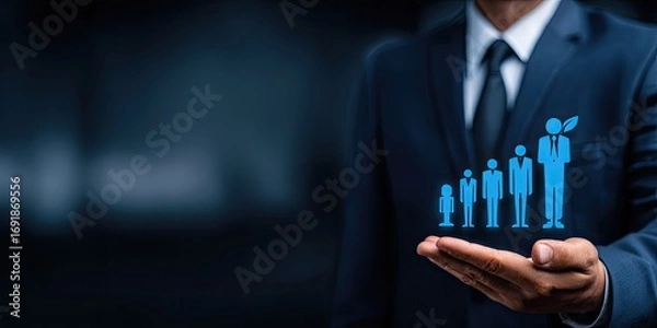 Obraz Businessman's hand holds a graphic of people growing in size, symbolizing career progression