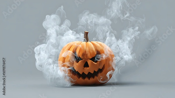 Obraz Spooky Halloween Pumpkin with Smoke on Gray Background, Eerie Atmosphere for Festive Decor