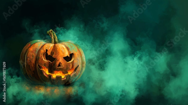 Obraz Spooky Halloween Pumpkin Surrounded by Green Mist with Eerie Atmosphere for Festive Decor