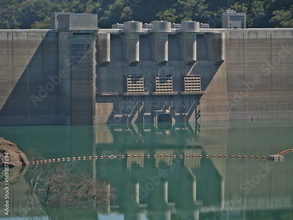 Fototapeta Gunma, Japan - September 7, 2025: View of Yamba Dam from upstream side in Gunma, Japan