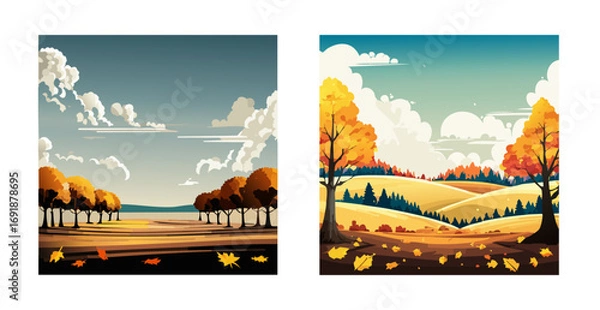 Fototapeta Autumnal Landscapes: Two Vector Illustrations of Rolling Hills and Golden Trees