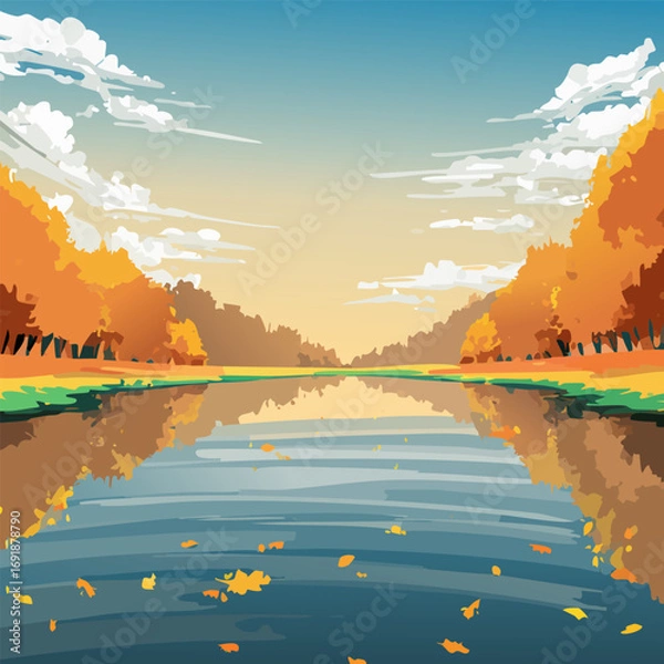 Fototapeta Autumn River Reflection: Golden Trees and Calm Waters