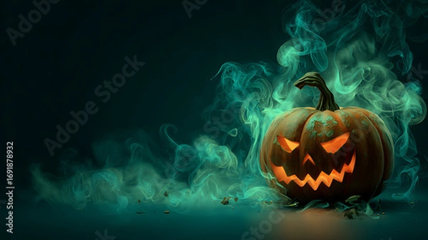 Obraz Glowing Jack-o'-Lantern Surrounded by Mysterious Green Smoke on Halloween Night