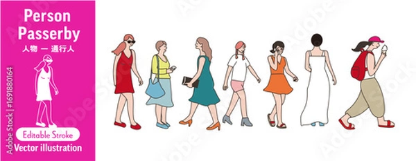 Obraz 様々な女性の人物イラスト,カジュアルな女性キャラクターのベクター素材,歩く人々のイラスト（ファッション・通行人,ビジネス・ライフスタイル,編集可能）