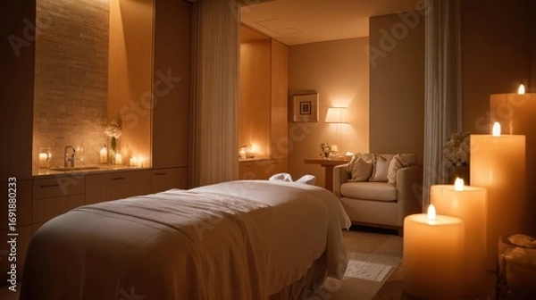 Fototapeta Serene Spa Room Lit by Warm Candlelight