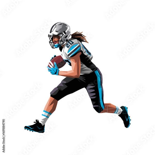 Fototapeta Player runs with football during dynamic play on the field in a football uniform on a bright day