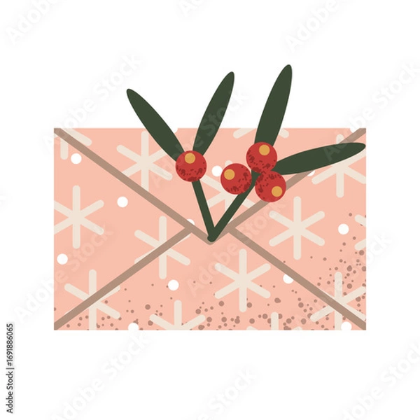 Fototapeta Christmas envelope with festive pattern and berry branch. Vector geometric illustration of traditional Christmas decor